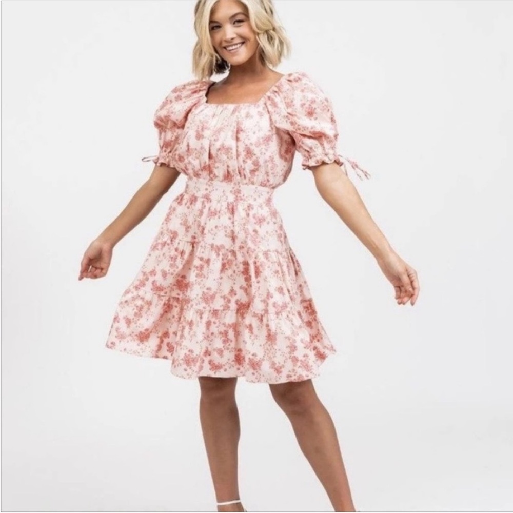 Rachel Parcell Pink Poppy Vine Puff Sleeve Tiered Mini Dress size Large